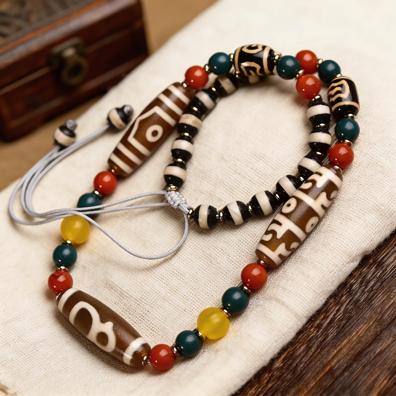 Tibetan Dzi Bead Necklace Natural Agate Pendant Handmade Buddhist Amulet Jewelry Long Sweater Chain Adjustable Cord for Men Women Spiritual Meditation Healing - Image 2