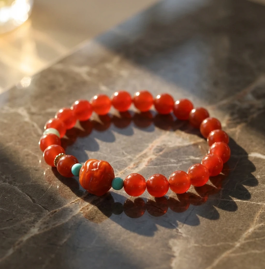 Red Agate Bracelet for Women Men, Natural Stone Beaded Bracelet with Carved Beads & Turquoise, Red Agate Jewelry, Wealth Bracelet, Healing Crystal Bracelet - Image 2