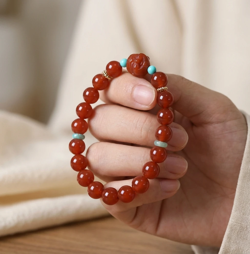 Red Agate Bracelet for Women Men, Natural Stone Beaded Bracelet with Carved Beads & Turquoise, Red Agate Jewelry, Wealth Bracelet, Healing Crystal Bracelet