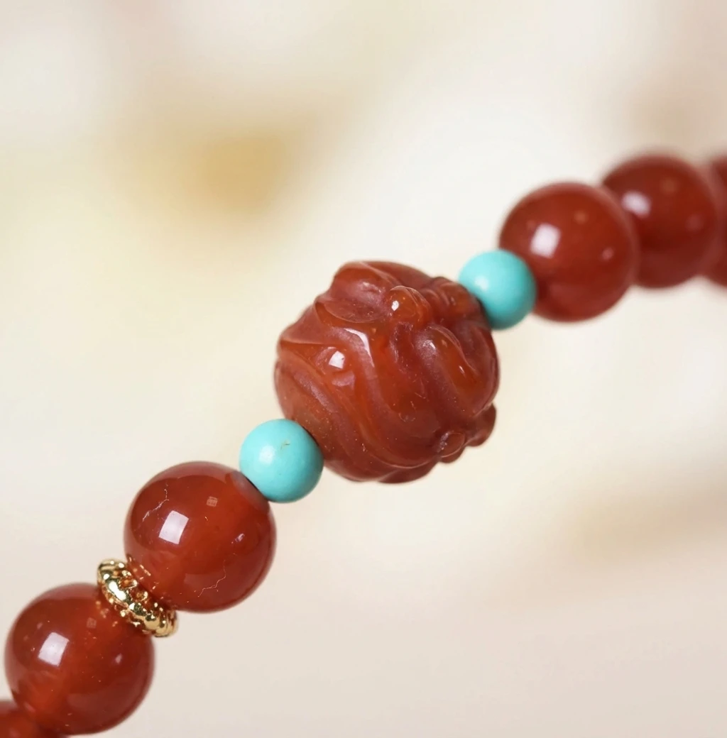 Red Agate Bracelet for Women Men, Natural Stone Beaded Bracelet with Carved Beads & Turquoise, Red Agate Jewelry, Wealth Bracelet, Healing Crystal Bracelet - Image 4