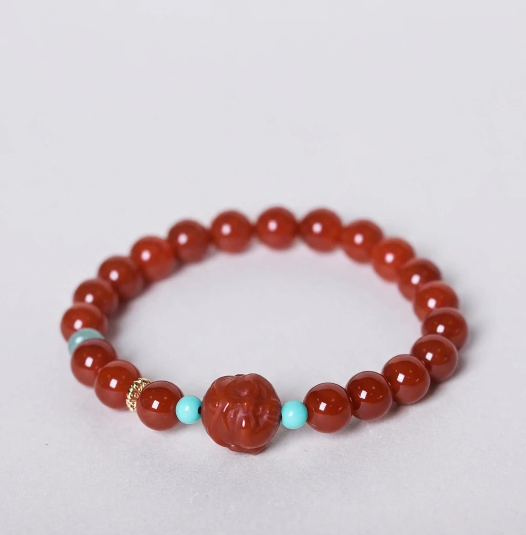 Red Agate Bracelet for Women Men, Natural Stone Beaded Bracelet with Carved Beads & Turquoise, Red Agate Jewelry, Wealth Bracelet, Healing Crystal Bracelet - Image 3