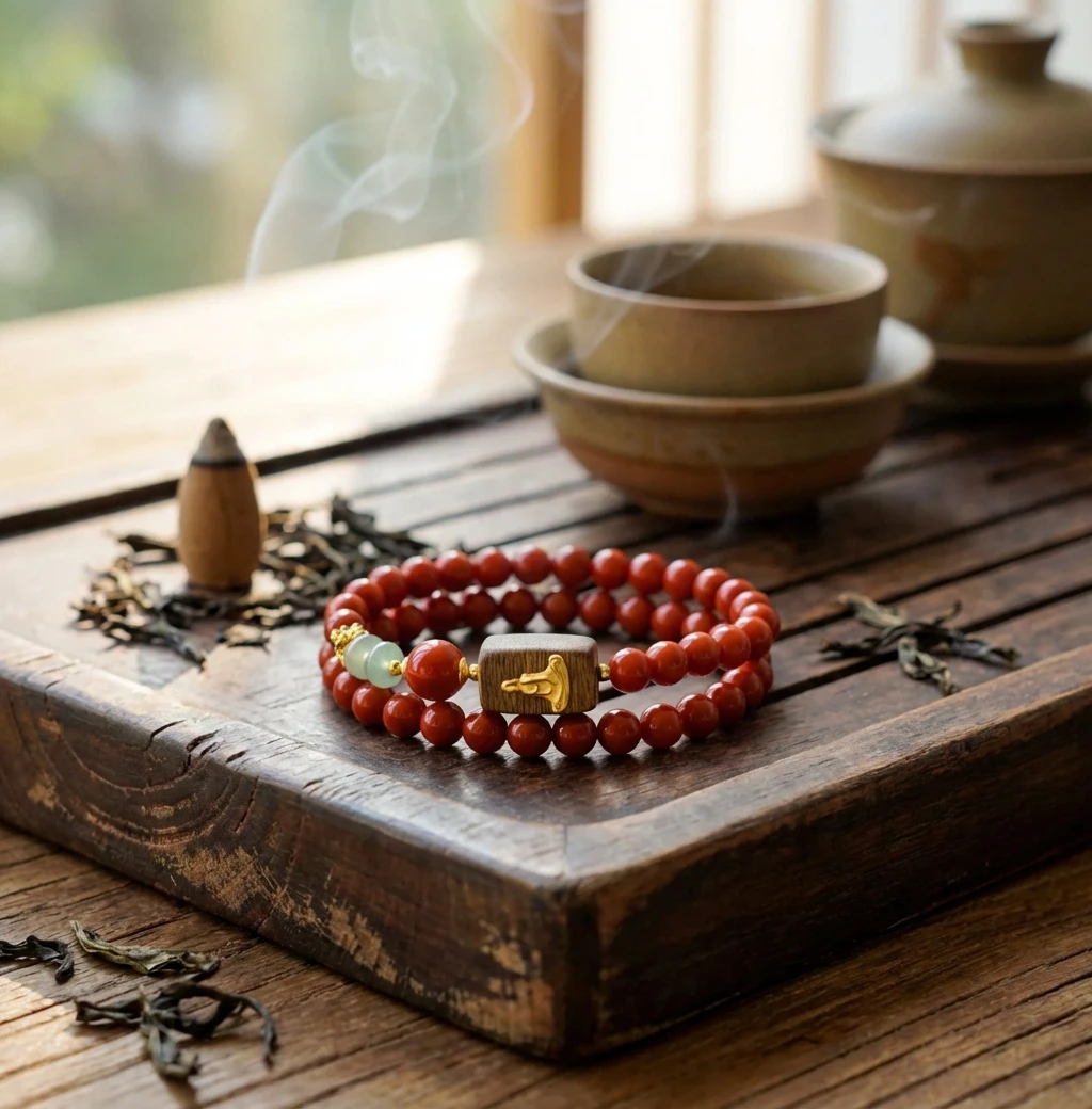 Wealth & Protection-Red Agate Bracelet, Buddhist Prayer Beads - Image 4