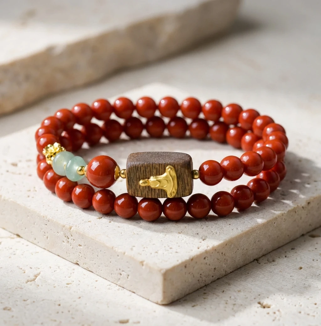 Wealth & Protection-Red Agate Bracelet, Buddhist Prayer Beads - Image 3