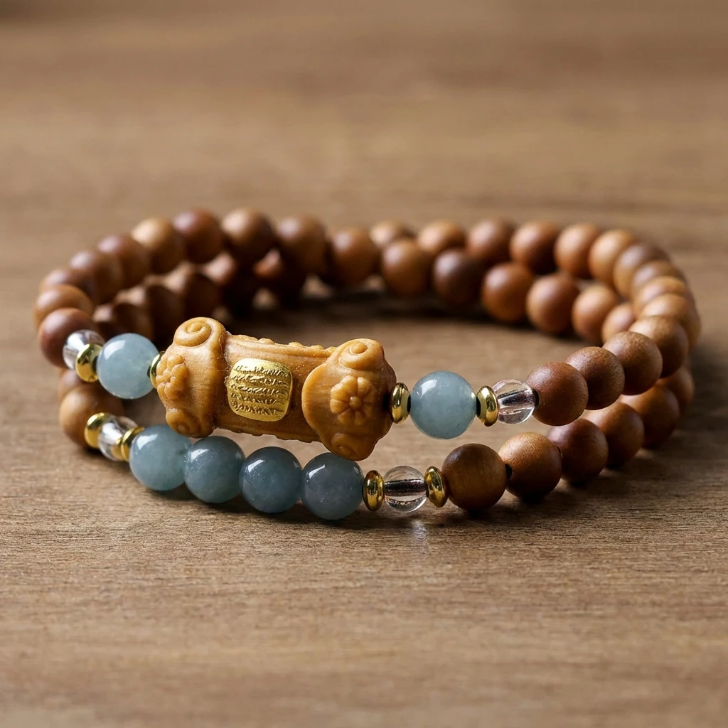 Natural Old Mountain Sandalwood Bracelet 6mm Double Wrap Beaded Bracelet for Women Men, Buddhist Prayer Beads Mala with Jade Accents for Meditation Yoga Zen, Fragrant Wood Jewelry Gift for Peace