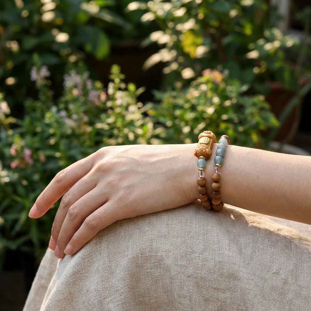 Natural Old Mountain Sandalwood Bracelet 6mm Double Wrap Beaded Bracelet for Women Men, Buddhist Prayer Beads Mala with Jade Accents for Meditation Yoga Zen, Fragrant Wood Jewelry Gift for Peace - Image 3