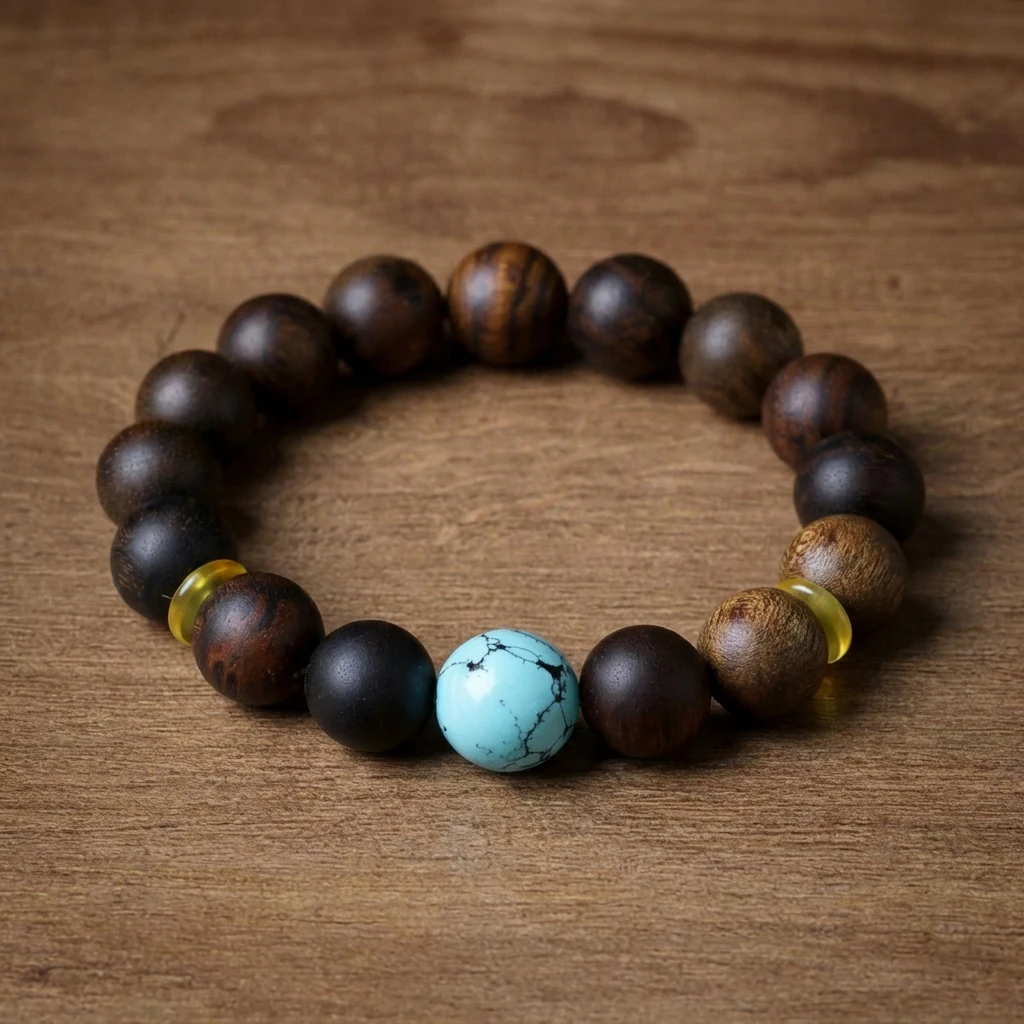 Natural Kinan Agarwood Bracelet for Men Women, 15mm Hand-carved Wood Prayer Beads with Magnesite Turquoise Accent, Meditation Healing Jewelry, Zen Buddhist Rosary Bracelet, Spiritual Gift Box