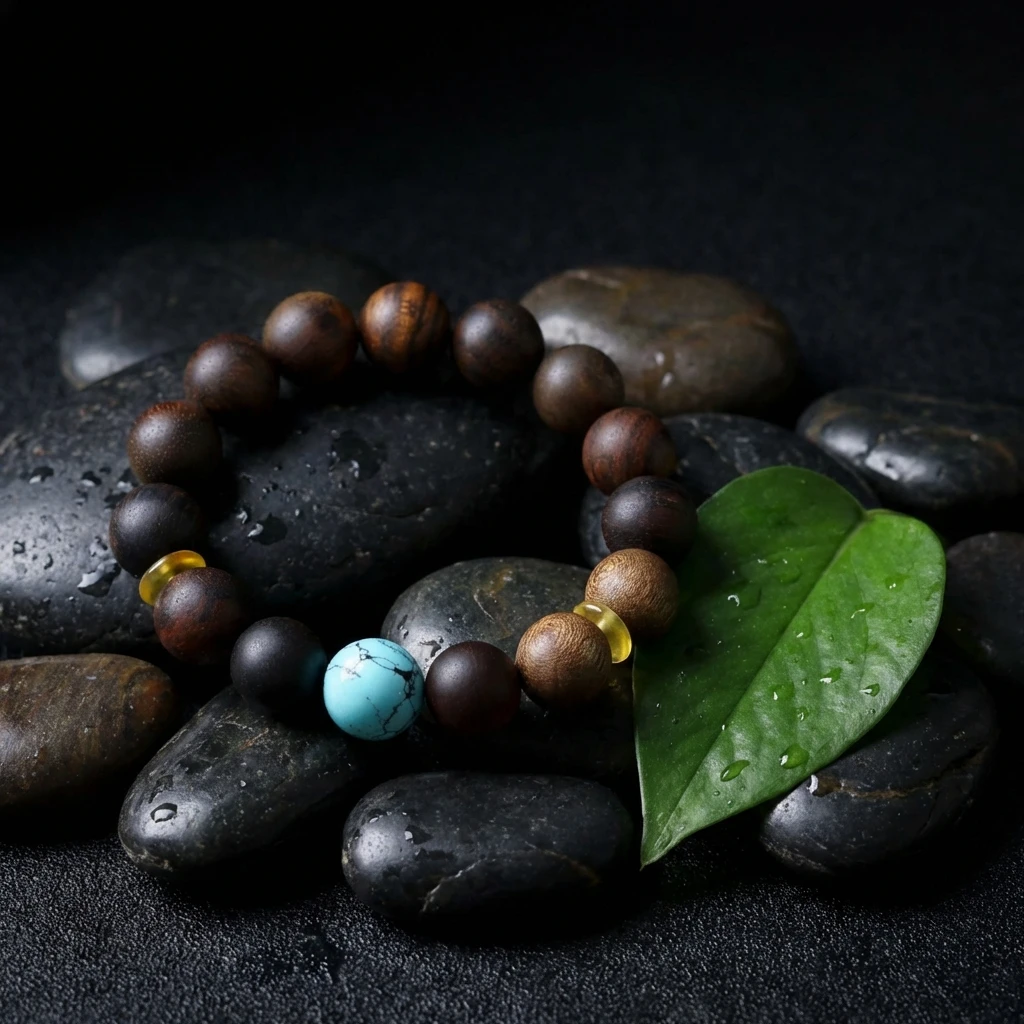 Natural Kinan Agarwood Bracelet for Men Women, 15mm Hand-carved Wood Prayer Beads with Magnesite Turquoise Accent, Meditation Healing Jewelry, Zen Buddhist Rosary Bracelet, Spiritual Gift Box - Image 2