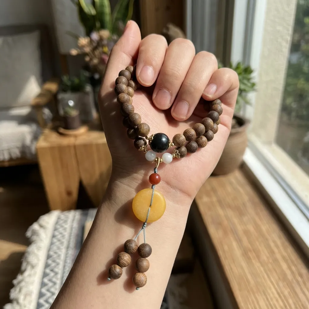 Handmade Natural Yellow Kynam Agarwood Mala Bracelet for Women Men, 6mm 2-Wrap Buddhist Prayer Beads, Golden Silk Chen Xiang Meditation Jewelry for Mindfulness, Authentic Ethnic Style Spiritual Gift - Image 3