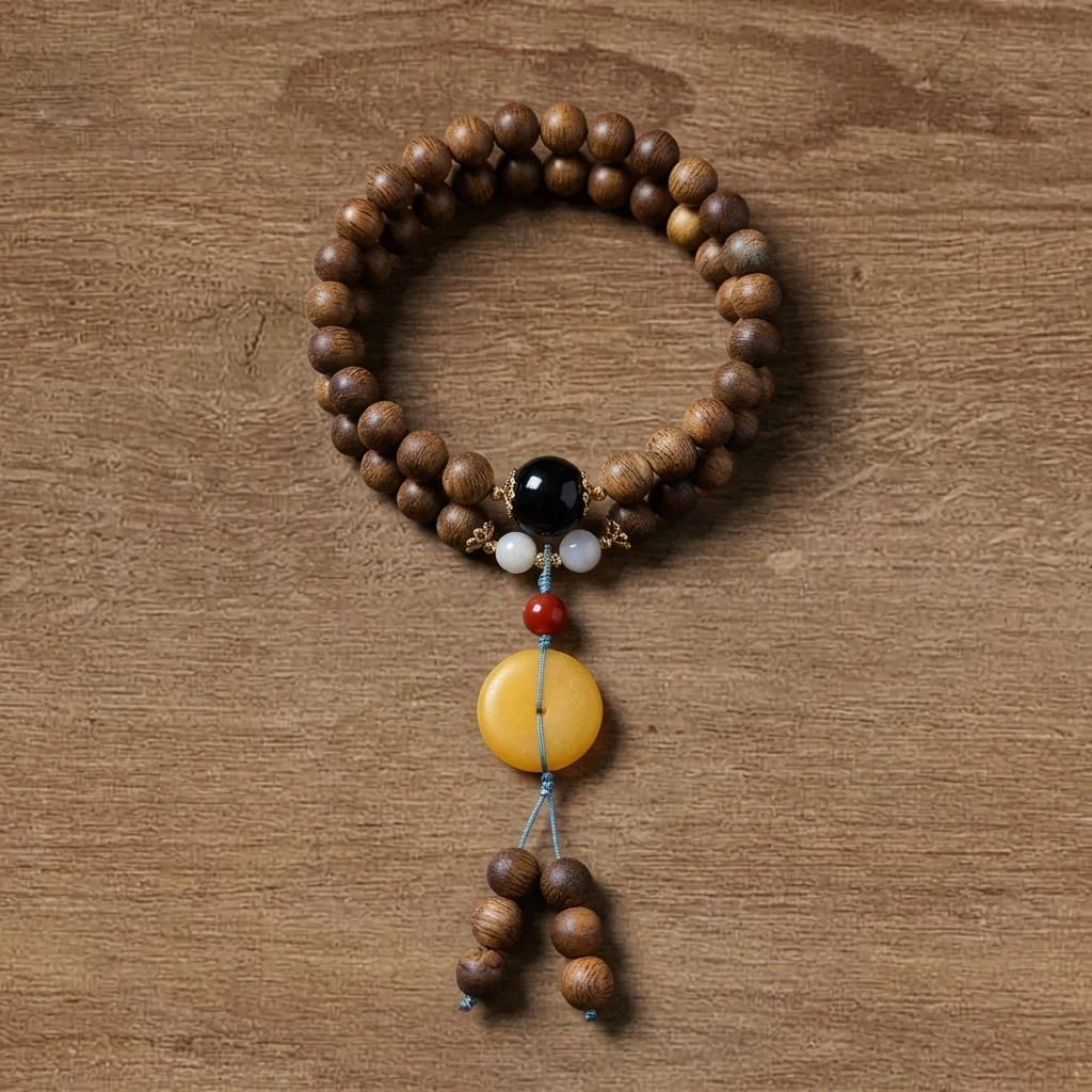 Handmade Natural Yellow Kynam Agarwood Mala Bracelet for Women Men, 6mm 2-Wrap Buddhist Prayer Beads, Golden Silk Chen Xiang Meditation Jewelry for Mindfulness, Authentic Ethnic Style Spiritual Gift