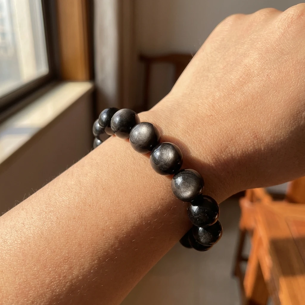 Natural Silver Sheen Obsidian Bracelet for Men Women - Cat Eye Effect Black Obsidian Healing Crystal Beads - Protection Stone Reiki Energy Jewelry - Handcrafted Elastic Stretch Bracelet Gift - Image 4