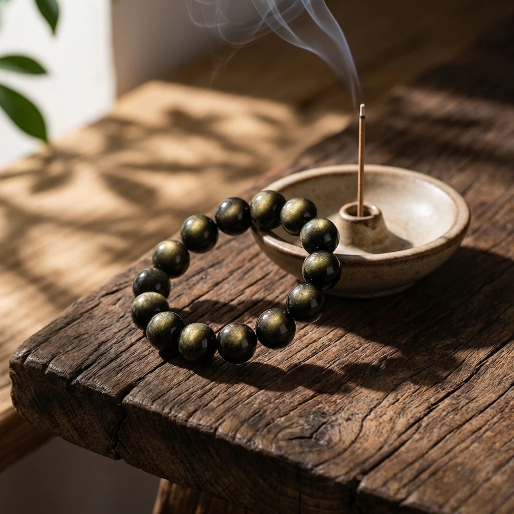 Natural Golden Sheen Obsidian Bracelet for Men Women, Double Eye Gold Obsidian Beads Bracelet, Cat Eye Healing Crystal Jewelry, Reiki Protection Gemstone Energy Stone Bracelet, Gift for Couples - Image 4