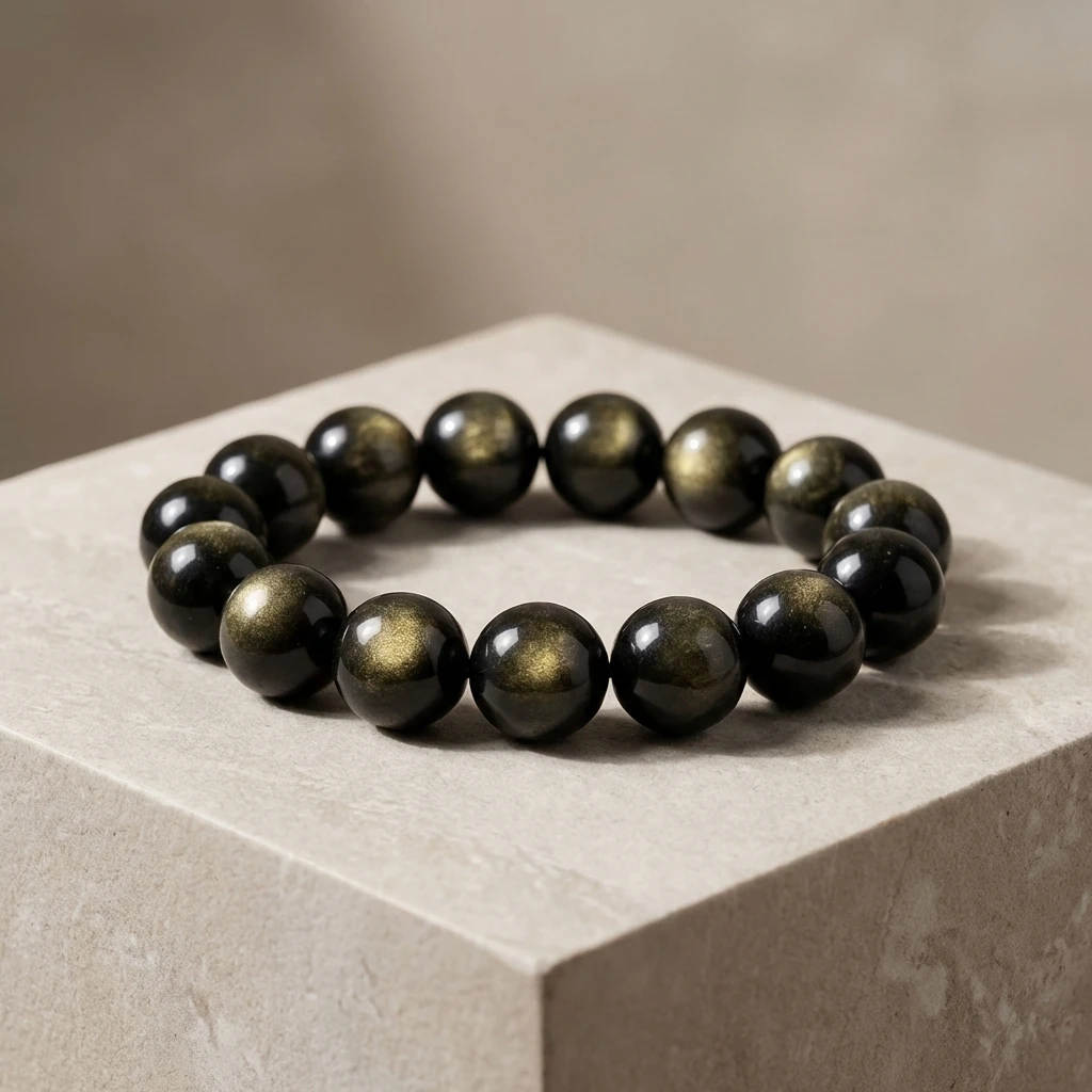 Natural Golden Sheen Obsidian Bracelet for Men Women, Double Eye Gold Obsidian Beads Bracelet, Cat Eye Healing Crystal Jewelry, Reiki Protection Gemstone Energy Stone Bracelet, Gift for Couples - Image 2