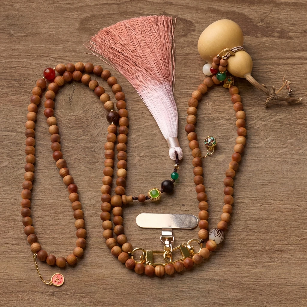 Handmade 8mm Natural Cypress Wood Phone Charm Strap, Buddhist Prayer Beads with Gourd and Tassel, Spiritual Protection Lanyard for Cell Phone, Zen Accessory with Enamel Lotus Fortune Tag Charm
