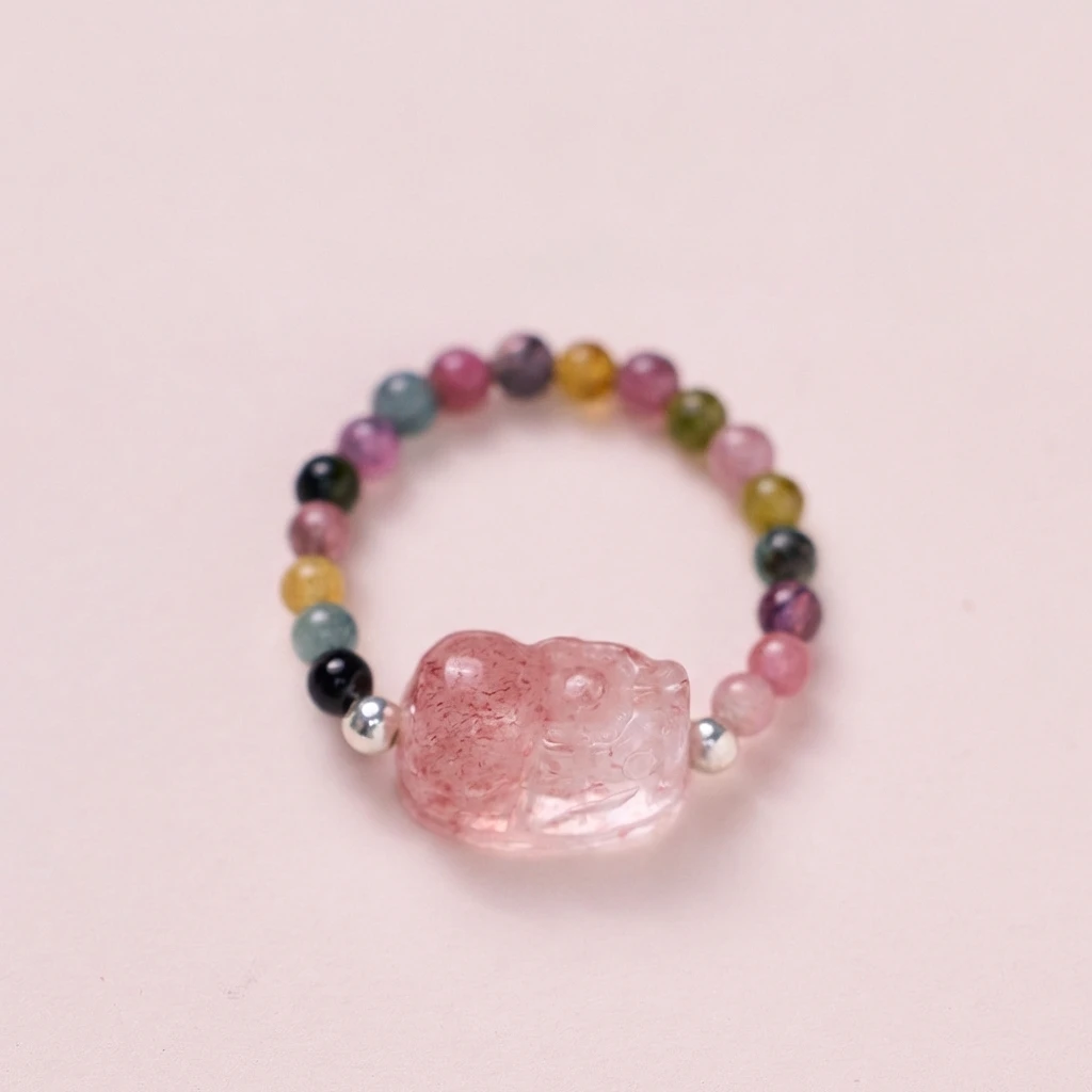 Natural Multi-color Tourmaline PiXiu Ring for Women, Healing Crystal Beaded Elastic Ring, Feng Shui Wealth and Good Luck Protection Amulet, Spiritual Jewelry Gift for Her, Adjustable Size - Image 5