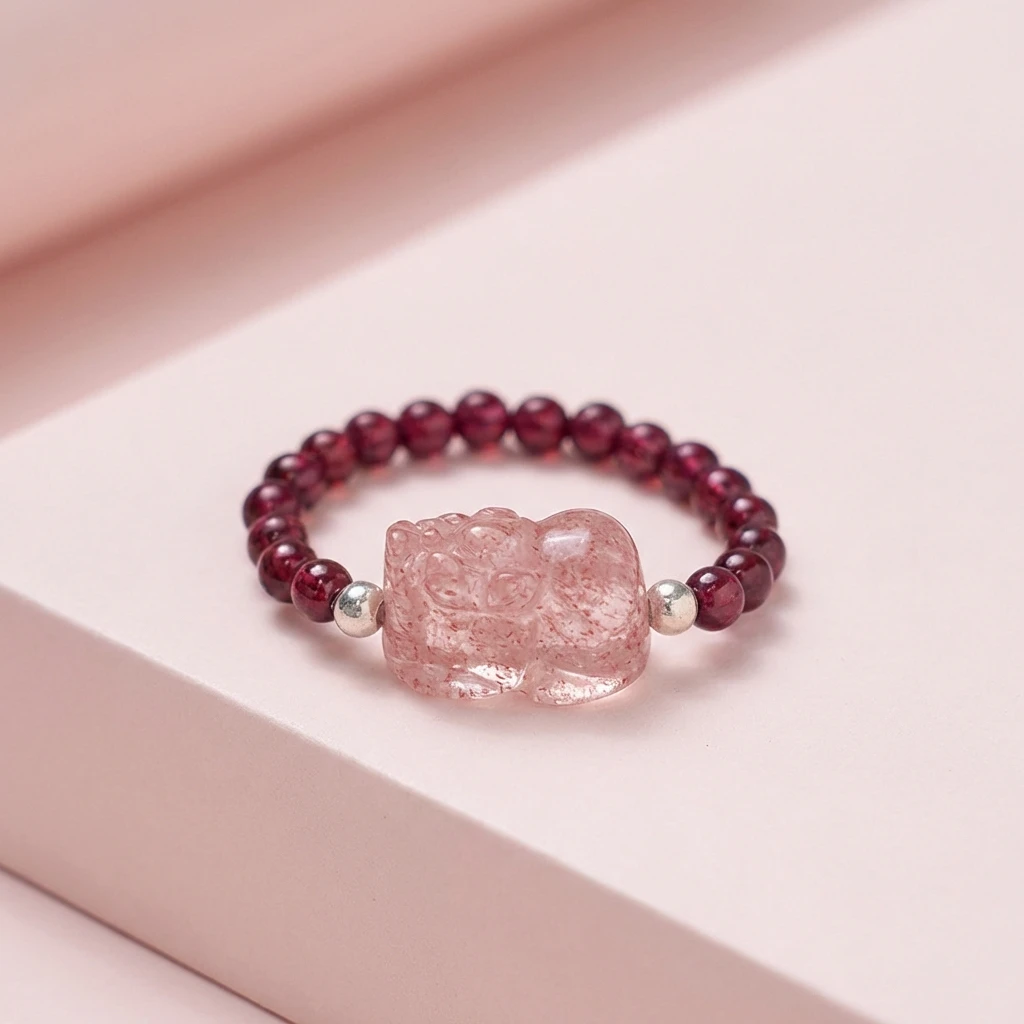 Natural Garnet Beaded Ring for Women, Genuine Red Crystal Gemstone Ring with Strawberry Quartz Pixiu Wealth Charm, January Birthstone Healing Jewelry, Adjustable Elastic Luck Amulet Gift - Image 2