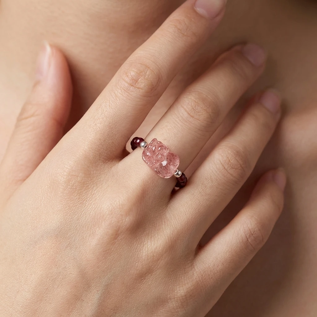 Natural Garnet Beaded Ring for Women, Genuine Red Crystal Gemstone Ring with Strawberry Quartz Pixiu Wealth Charm, January Birthstone Healing Jewelry, Adjustable Elastic Luck Amulet Gift - Image 4