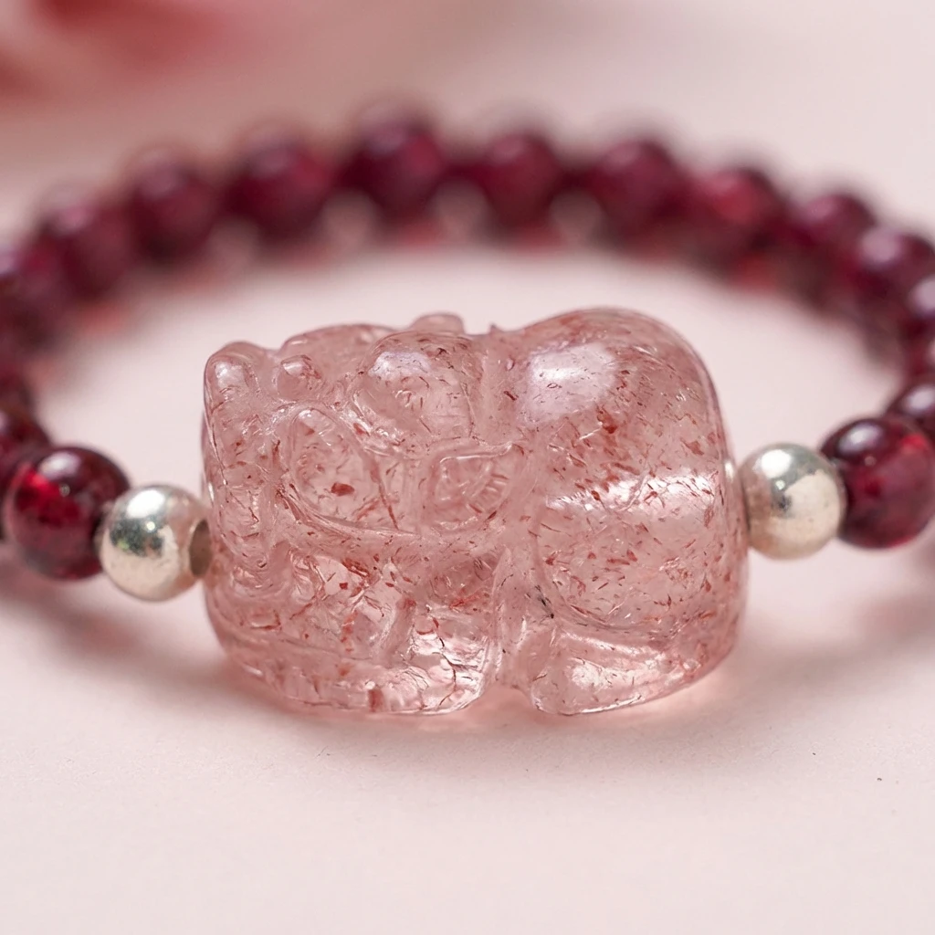 Natural Garnet Beaded Ring for Women, Genuine Red Crystal Gemstone Ring with Strawberry Quartz Pixiu Wealth Charm, January Birthstone Healing Jewelry, Adjustable Elastic Luck Amulet Gift - Image 3
