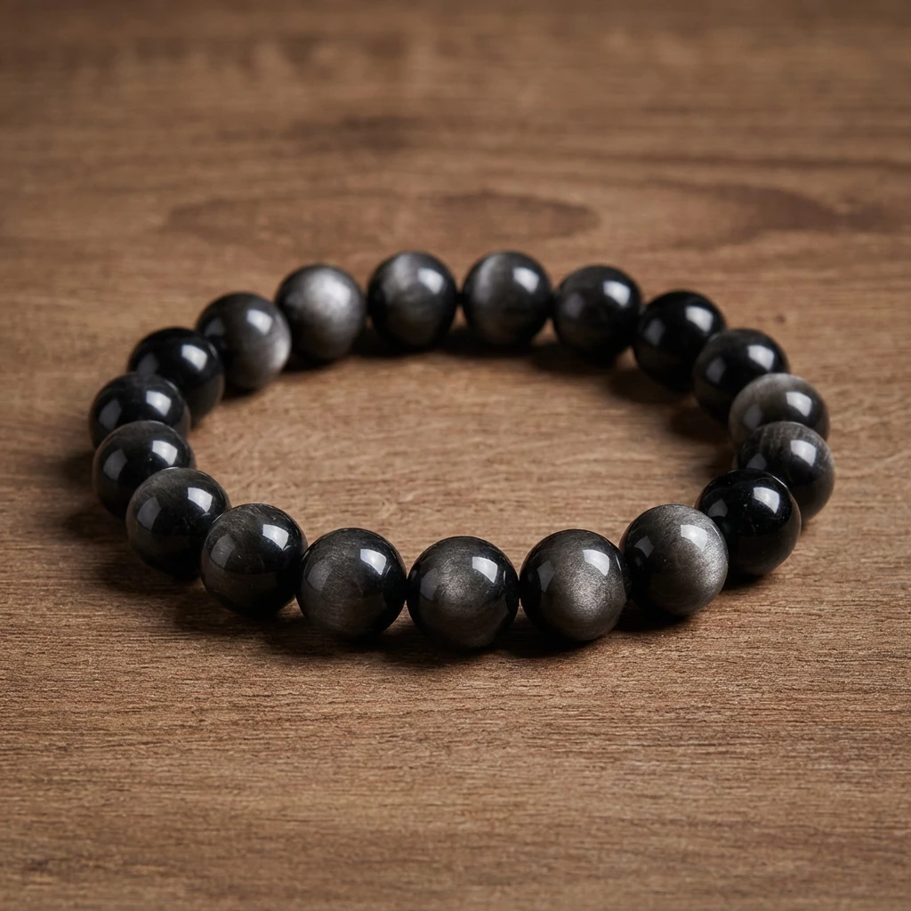 Natural Silver Sheen Obsidian Bracelet for Men Women - Cat Eye Effect Black Obsidian Healing Crystal Beads - Protection Stone Reiki Energy Jewelry - Handcrafted Elastic Stretch Bracelet Gift