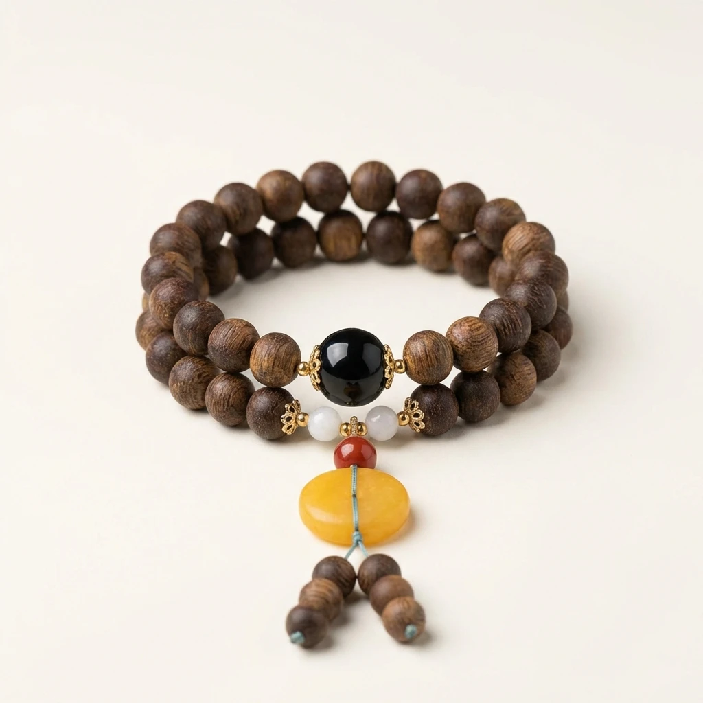 Handmade Natural Yellow Kynam Agarwood Mala Bracelet for Women Men, 6mm 2-Wrap Buddhist Prayer Beads, Golden Silk Chen Xiang Meditation Jewelry for Mindfulness, Authentic Ethnic Style Spiritual Gift - Image 2