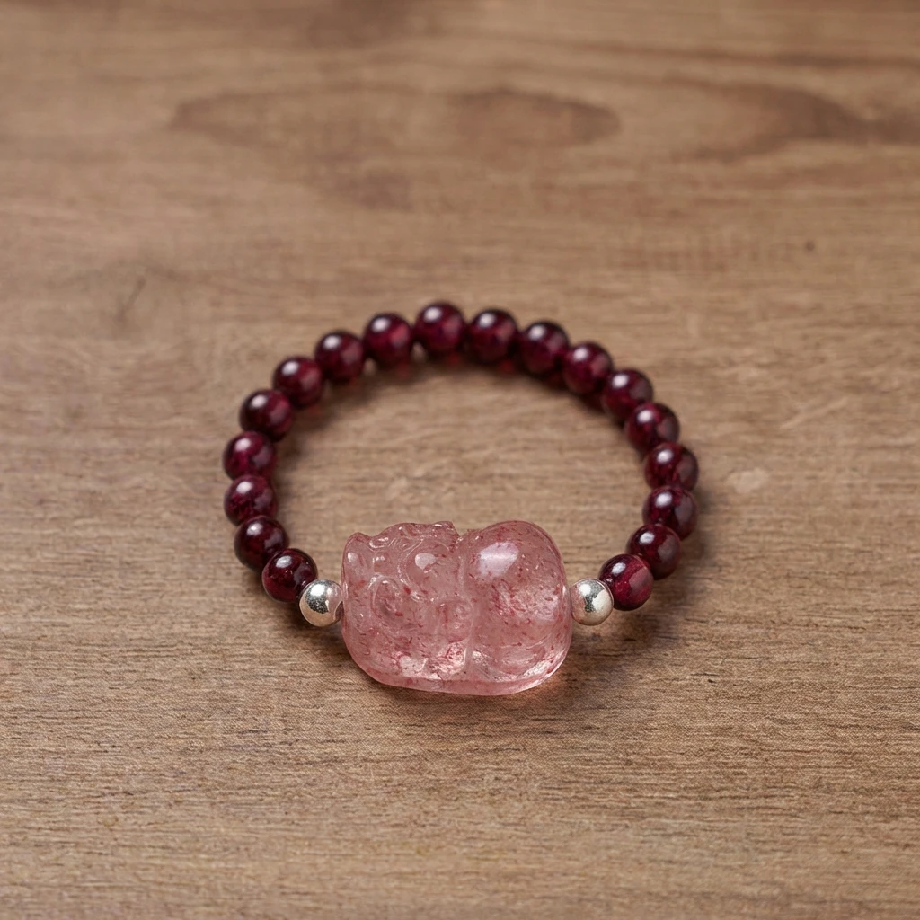 Natural Garnet Beaded Ring for Women, Genuine Red Crystal Gemstone Ring with Strawberry Quartz Pixiu Wealth Charm, January Birthstone Healing Jewelry, Adjustable Elastic Luck Amulet Gift
