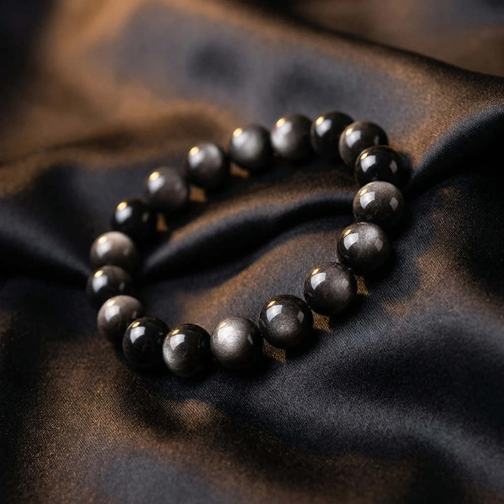 Natural Silver Sheen Obsidian Bracelet for Men Women - Cat Eye Effect Black Obsidian Healing Crystal Beads - Protection Stone Reiki Energy Jewelry - Handcrafted Elastic Stretch Bracelet Gift - Image 3