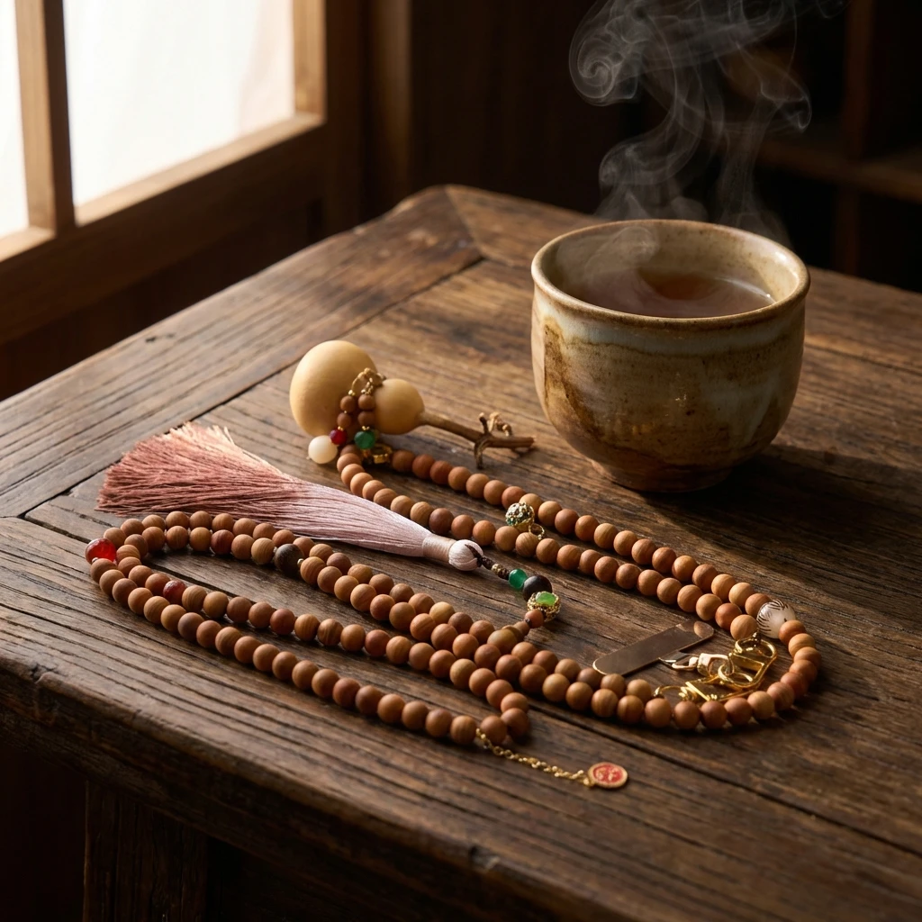 Handmade 8mm Natural Cypress Wood Phone Charm Strap, Buddhist Prayer Beads with Gourd and Tassel, Spiritual Protection Lanyard for Cell Phone, Zen Accessory with Enamel Lotus Fortune Tag Charm - Image 2