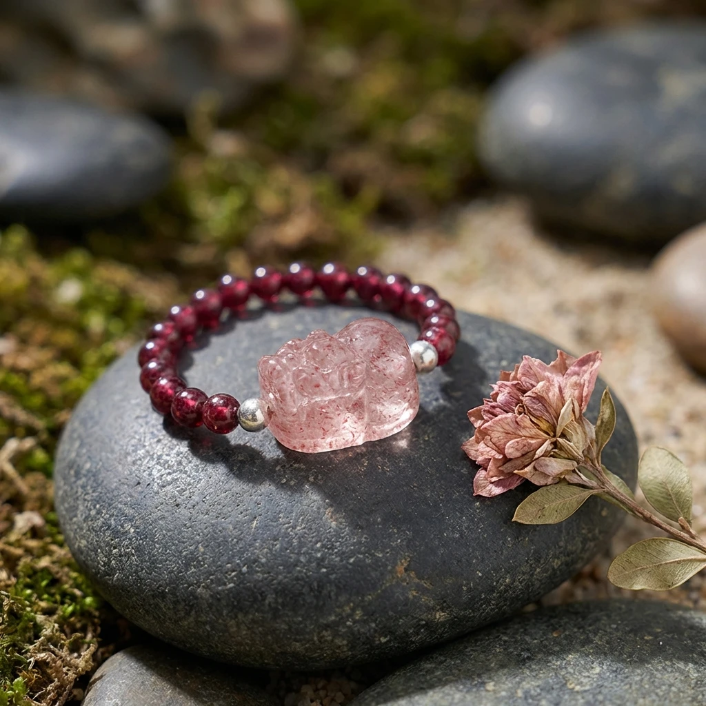 Natural Garnet Beaded Ring for Women, Genuine Red Crystal Gemstone Ring with Strawberry Quartz Pixiu Wealth Charm, January Birthstone Healing Jewelry, Adjustable Elastic Luck Amulet Gift - Image 5