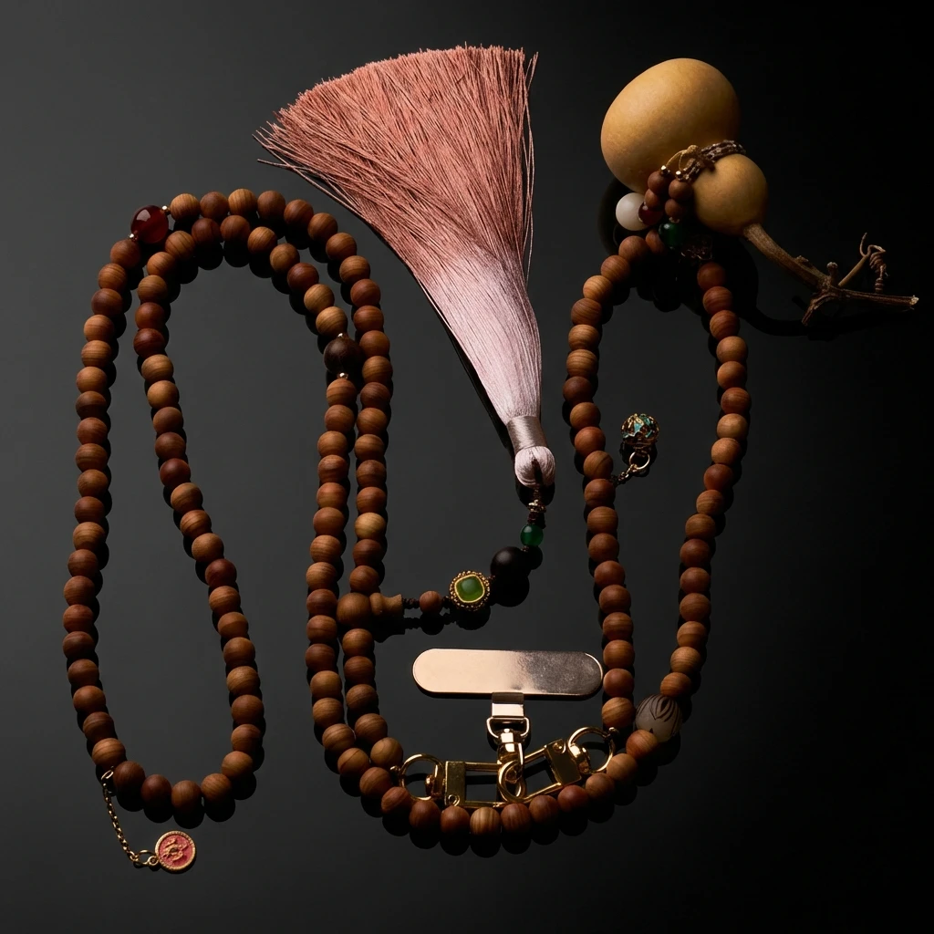 Handmade 8mm Natural Cypress Wood Phone Charm Strap, Buddhist Prayer Beads with Gourd and Tassel, Spiritual Protection Lanyard for Cell Phone, Zen Accessory with Enamel Lotus Fortune Tag Charm - Image 4