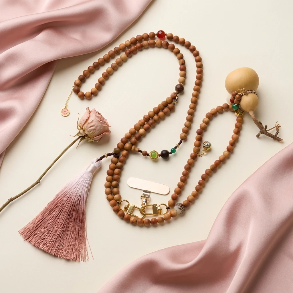 Handmade 8mm Natural Cypress Wood Phone Charm Strap, Buddhist Prayer Beads with Gourd and Tassel, Spiritual Protection Lanyard for Cell Phone, Zen Accessory with Enamel Lotus Fortune Tag Charm - Image 3