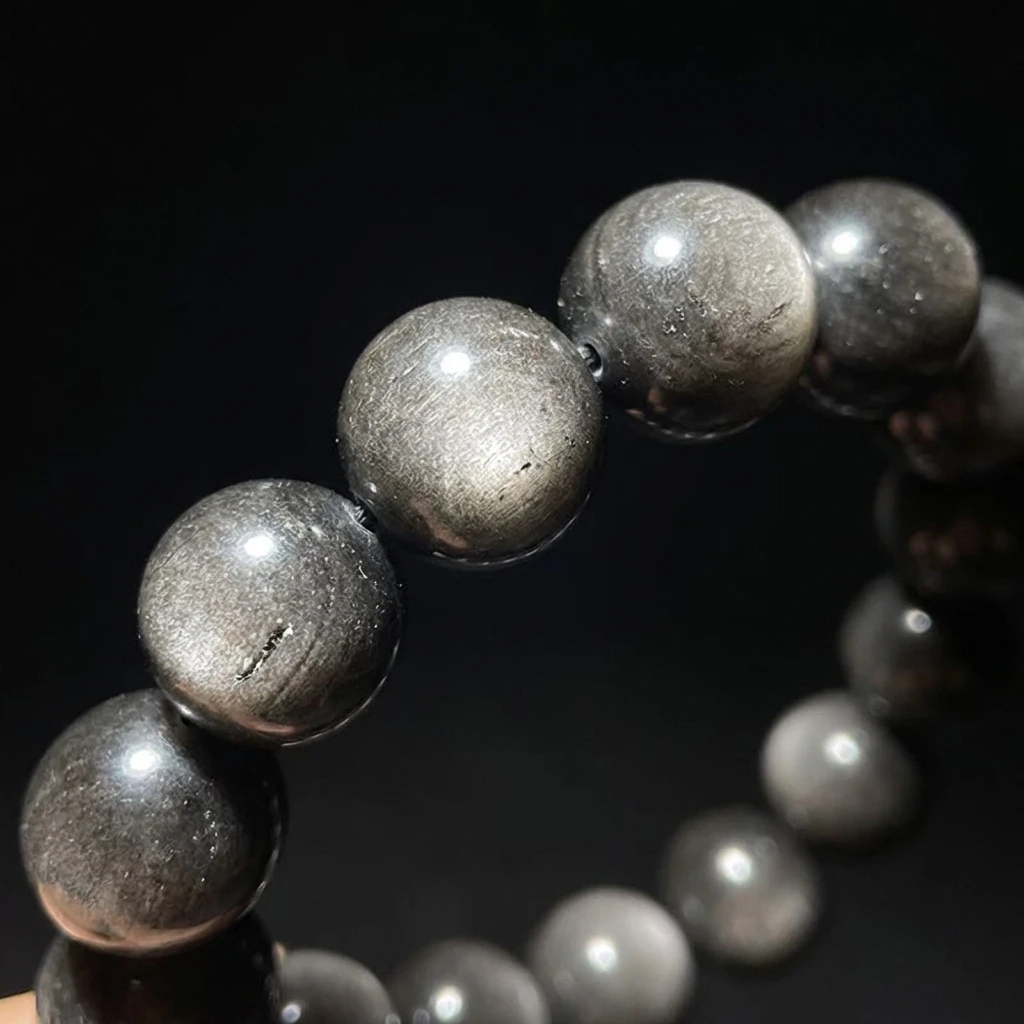Natural Silver Sheen Obsidian Bracelet for Men Women - Cat Eye Effect Black Obsidian Healing Crystal Beads - Protection Stone Reiki Energy Jewelry - Handcrafted Elastic Stretch Bracelet Gift - Image 2
