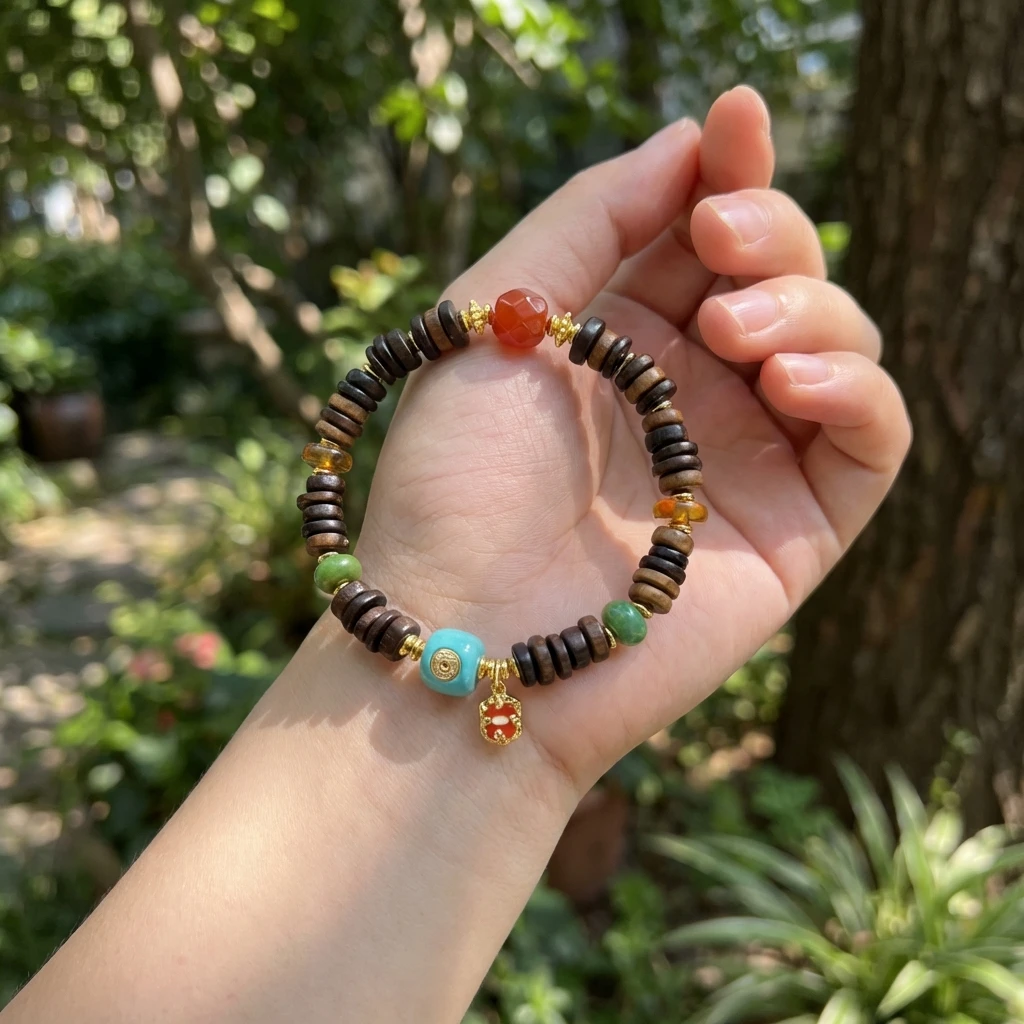 Natural Dalagan Agarwood Bracelet for Men Women, 7mm Vietnam Oud Wood Prayer Beads, Tibetan Style Buddhist Mala Bracelet with Turquoise & Cinnabar Accents, Handmade Spiritual Meditation Jewelry - Image 3