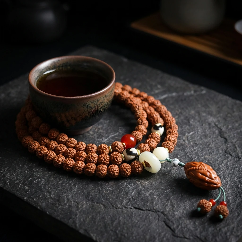 9mm Authentic Nepal Rudraksha Bodhi Seed Bracelet with Dzi Bead Agate and Olive Pit Pendant, Handmade Tibetan Buddhist Mala Prayer Beads for Meditation Yoga Zen Jewelry for Men Women - Image 5