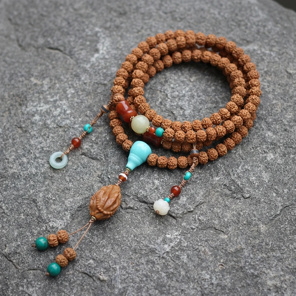 Handmade Nepal Rudraksha Bodhi Seed Bracelet for Men Women - 9mm Multi-Wrap Mala Necklace with South Red Agate, Magnesite Turquoise & Olive Pit - Tibetan Buddhist Prayer Beads for Meditation - Image 4