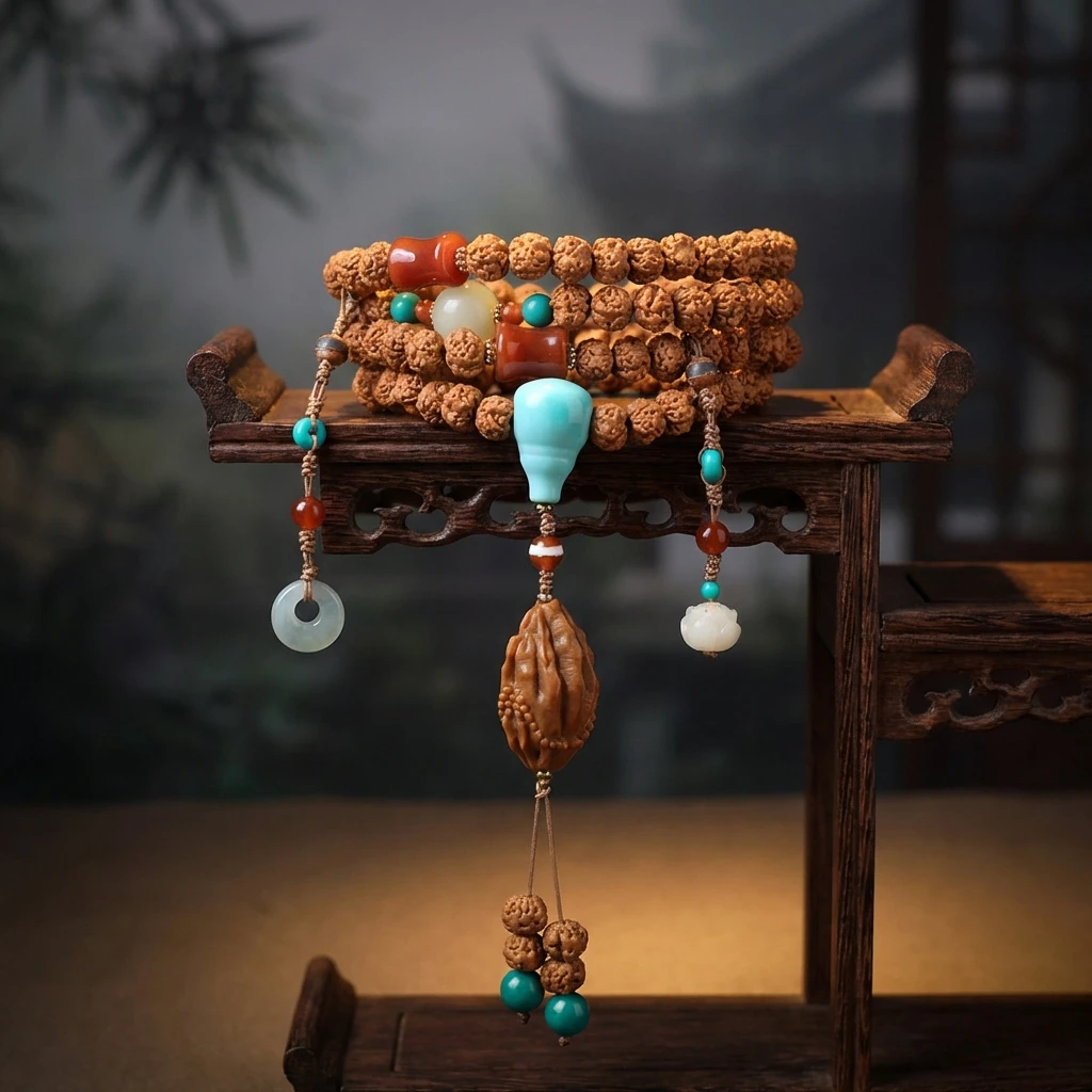 Handmade Nepal Rudraksha Bodhi Seed Bracelet for Men Women - 9mm Multi-Wrap Mala Necklace with South Red Agate, Magnesite Turquoise & Olive Pit - Tibetan Buddhist Prayer Beads for Meditation - Image 3