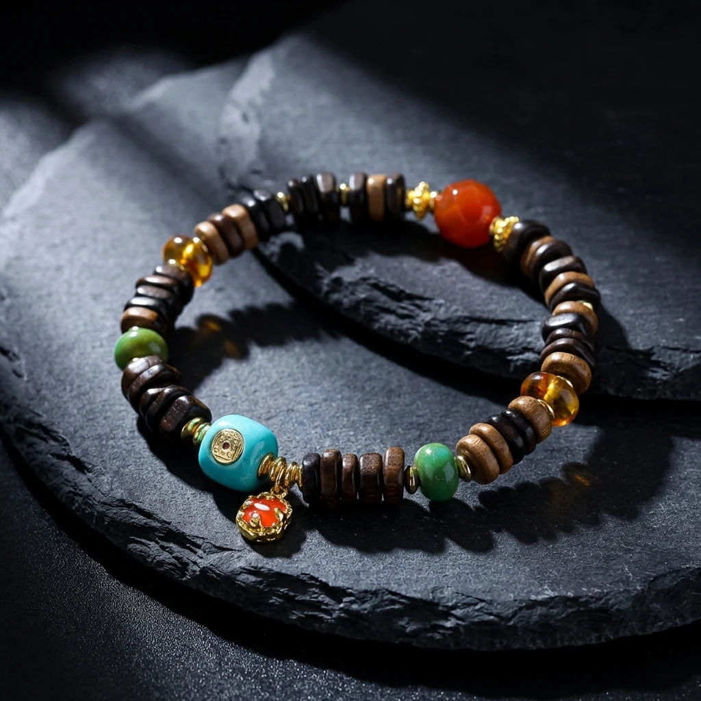 Natural Dalagan Agarwood Bracelet for Men Women, 7mm Vietnam Oud Wood Prayer Beads, Tibetan Style Buddhist Mala Bracelet with Turquoise & Cinnabar Accents, Handmade Spiritual Meditation Jewelry - Image 4