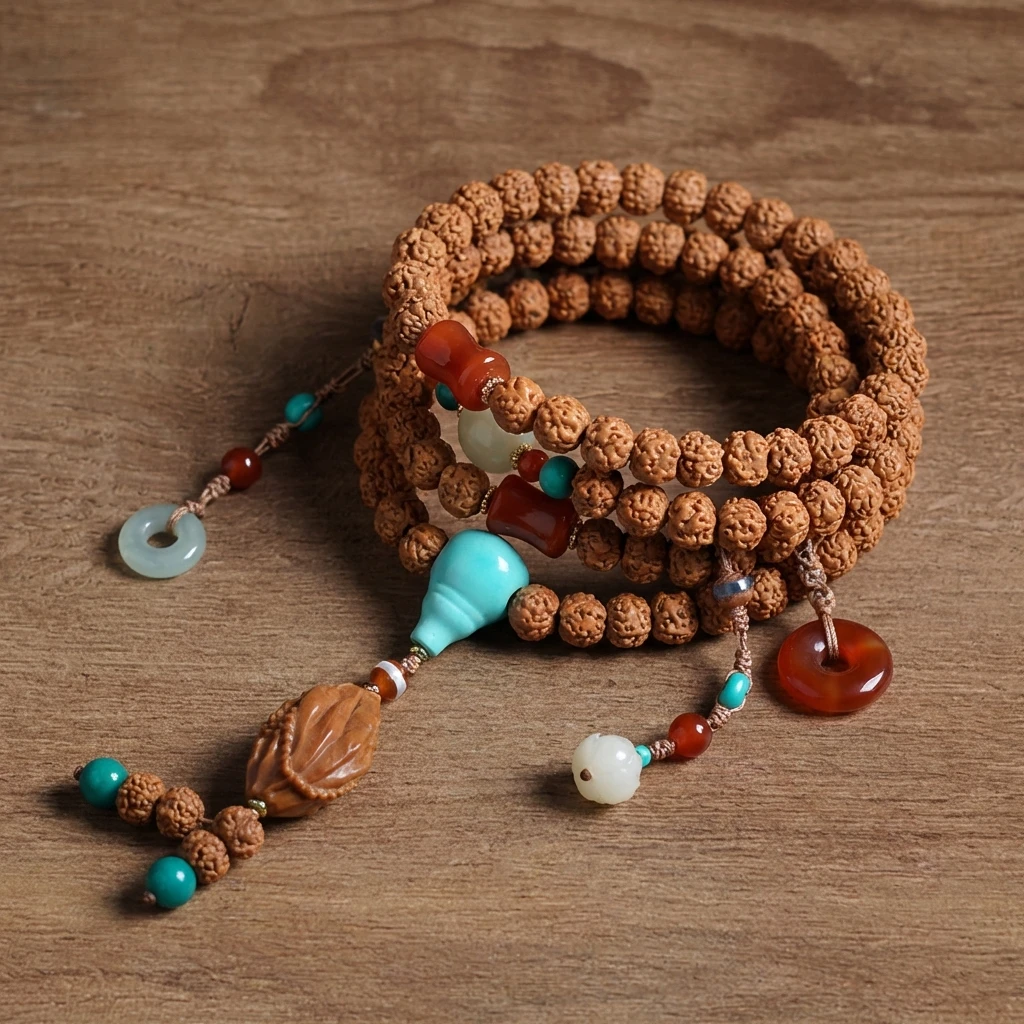 Handmade Nepal Rudraksha Bodhi Seed Bracelet for Men Women - 9mm Multi-Wrap Mala Necklace with South Red Agate, Magnesite Turquoise & Olive Pit - Tibetan Buddhist Prayer Beads for Meditation