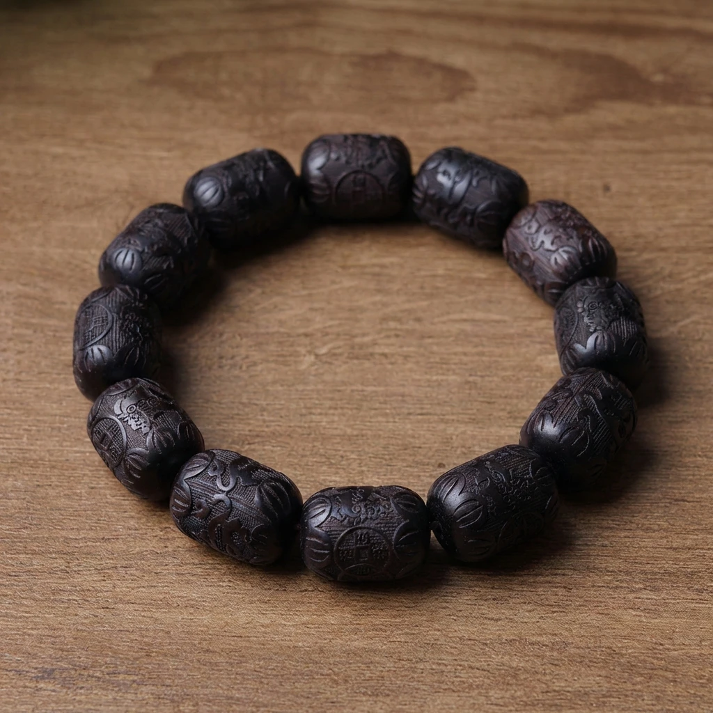Natural Ebony Wood Bracelet 11x12mm Hand-Carved Buddhist Prayer Beads with Six-Syllable Mantra, Zen Meditation Yoga Bracelet for Men and Women, Spiritual Healing Jewelry Gift for Protection
