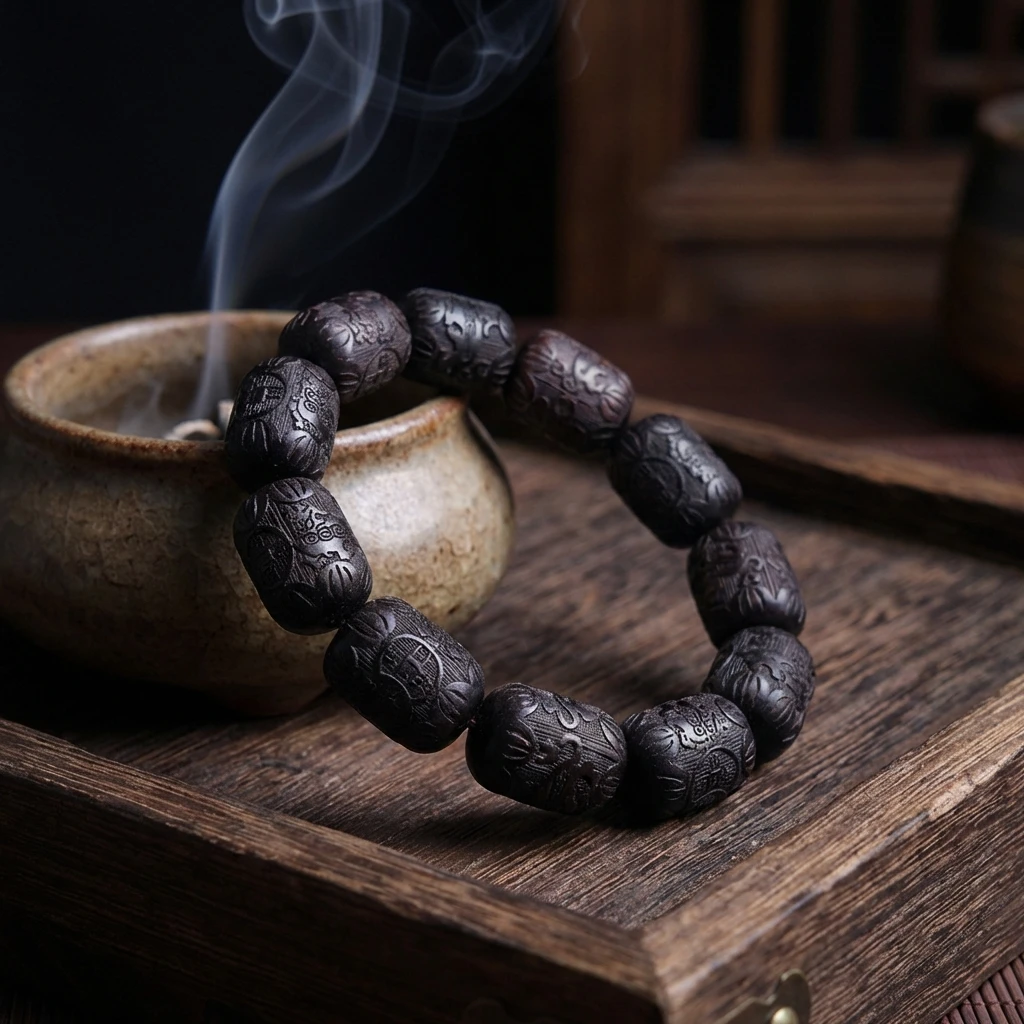 Natural Ebony Wood Bracelet 11x12mm Hand-Carved Buddhist Prayer Beads with Six-Syllable Mantra, Zen Meditation Yoga Bracelet for Men and Women, Spiritual Healing Jewelry Gift for Protection - Image 4