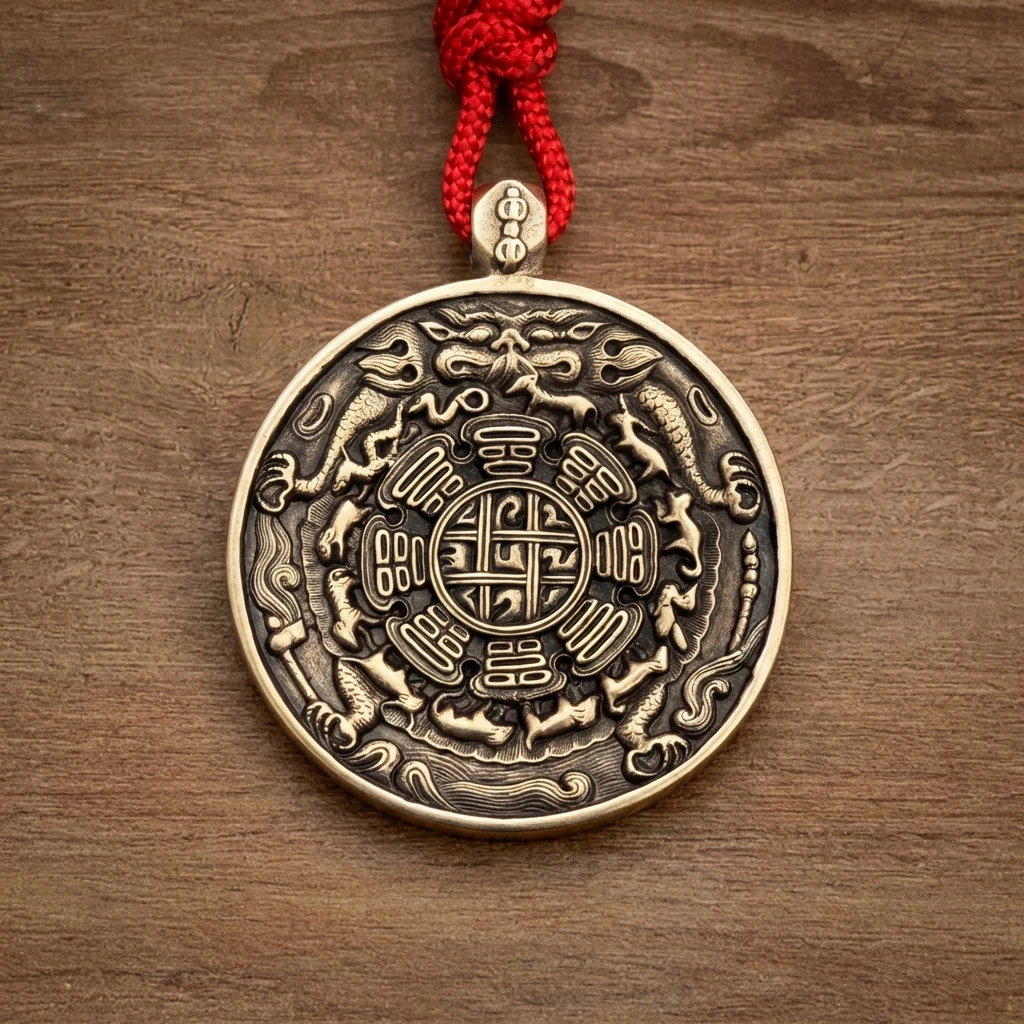 Handmade Tibetan Buddhist Amulet Pendant, Nine Palaces Eight Trigrams Jiugong Bagua Necklace, Celestial Iron Gold Silver Alloy, Spiritual Protection Talisman, 53.9mm Traditional Sacred Jewelry