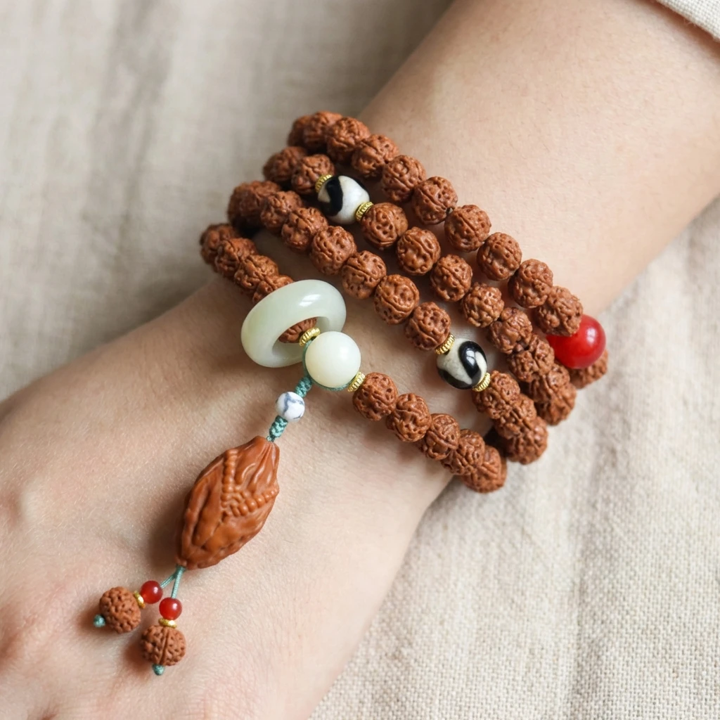 9mm Authentic Nepal Rudraksha Bodhi Seed Bracelet with Dzi Bead Agate and Olive Pit Pendant, Handmade Tibetan Buddhist Mala Prayer Beads for Meditation Yoga Zen Jewelry for Men Women - Image 6