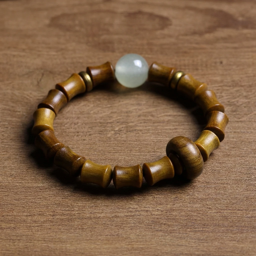 Natural Green Sandalwood Bracelet, 7x10mm Bamboo Joint Wood Beads, Handmade Fragrant Verawood Prayer Wristband for Meditation and Yoga, Minimalist Zen Jewelry Gift for Men and Women