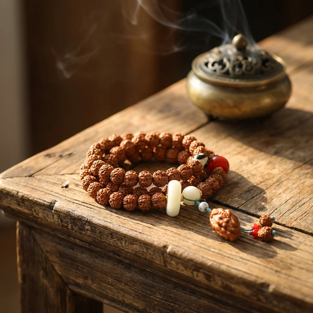 9mm Authentic Nepal Rudraksha Bodhi Seed Bracelet with Dzi Bead Agate and Olive Pit Pendant, Handmade Tibetan Buddhist Mala Prayer Beads for Meditation Yoga Zen Jewelry for Men Women - Image 4