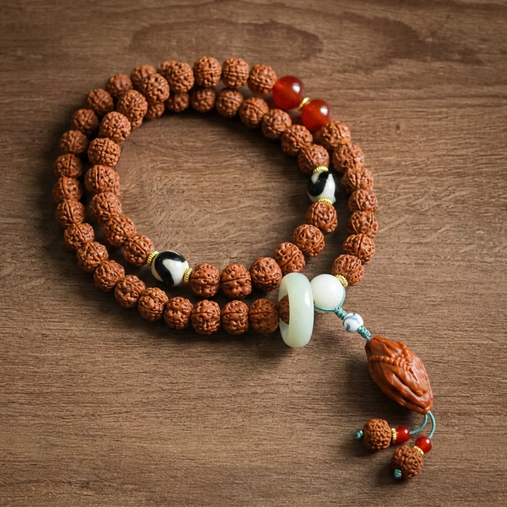 9mm Authentic Nepal Rudraksha Bodhi Seed Bracelet with Dzi Bead Agate and Olive Pit Pendant, Handmade Tibetan Buddhist Mala Prayer Beads for Meditation Yoga Zen Jewelry for Men Women