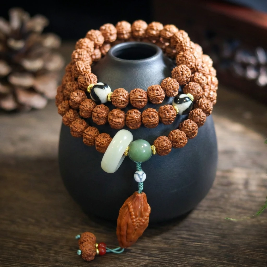 9mm Authentic Nepal Rudraksha Bodhi Seed Bracelet with Dzi Bead Agate and Olive Pit Pendant, Handmade Tibetan Buddhist Mala Prayer Beads for Meditation Yoga Zen Jewelry for Men Women - Image 2