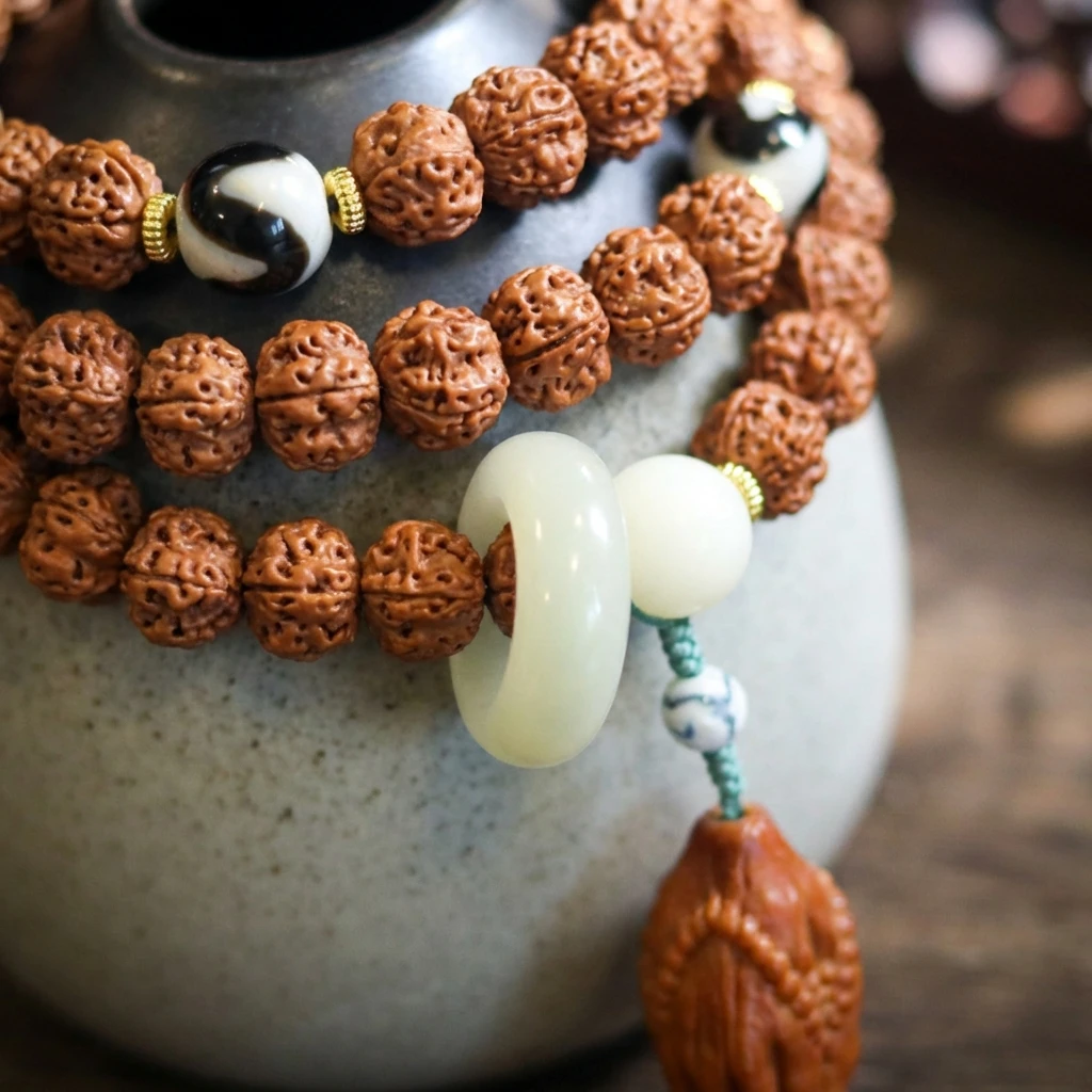 9mm Authentic Nepal Rudraksha Bodhi Seed Bracelet with Dzi Bead Agate and Olive Pit Pendant, Handmade Tibetan Buddhist Mala Prayer Beads for Meditation Yoga Zen Jewelry for Men Women - Image 3
