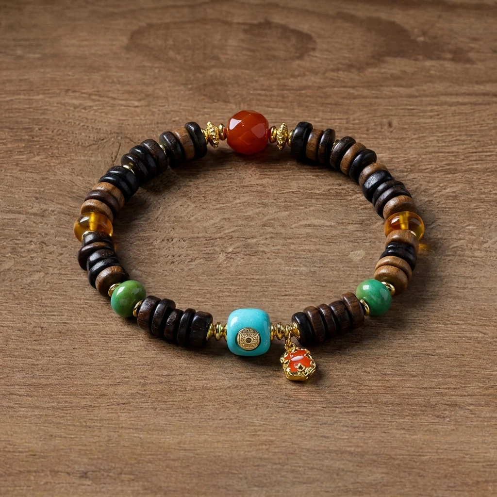Natural Dalagan Agarwood Bracelet for Men Women, 7mm Vietnam Oud Wood Prayer Beads, Tibetan Style Buddhist Mala Bracelet with Turquoise & Cinnabar Accents, Handmade Spiritual Meditation Jewelry