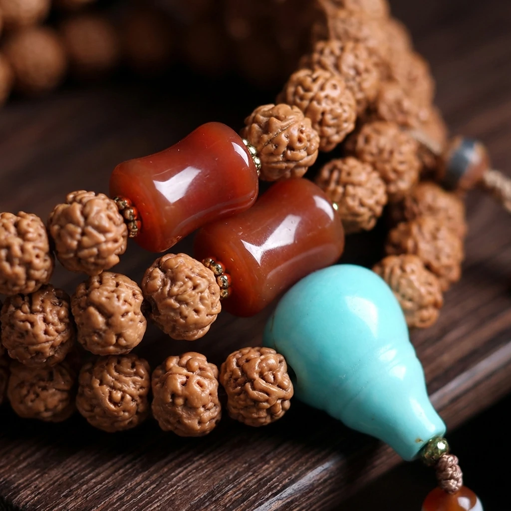 Handmade Nepal Rudraksha Bodhi Seed Bracelet for Men Women - 9mm Multi-Wrap Mala Necklace with South Red Agate, Magnesite Turquoise & Olive Pit - Tibetan Buddhist Prayer Beads for Meditation - Image 2