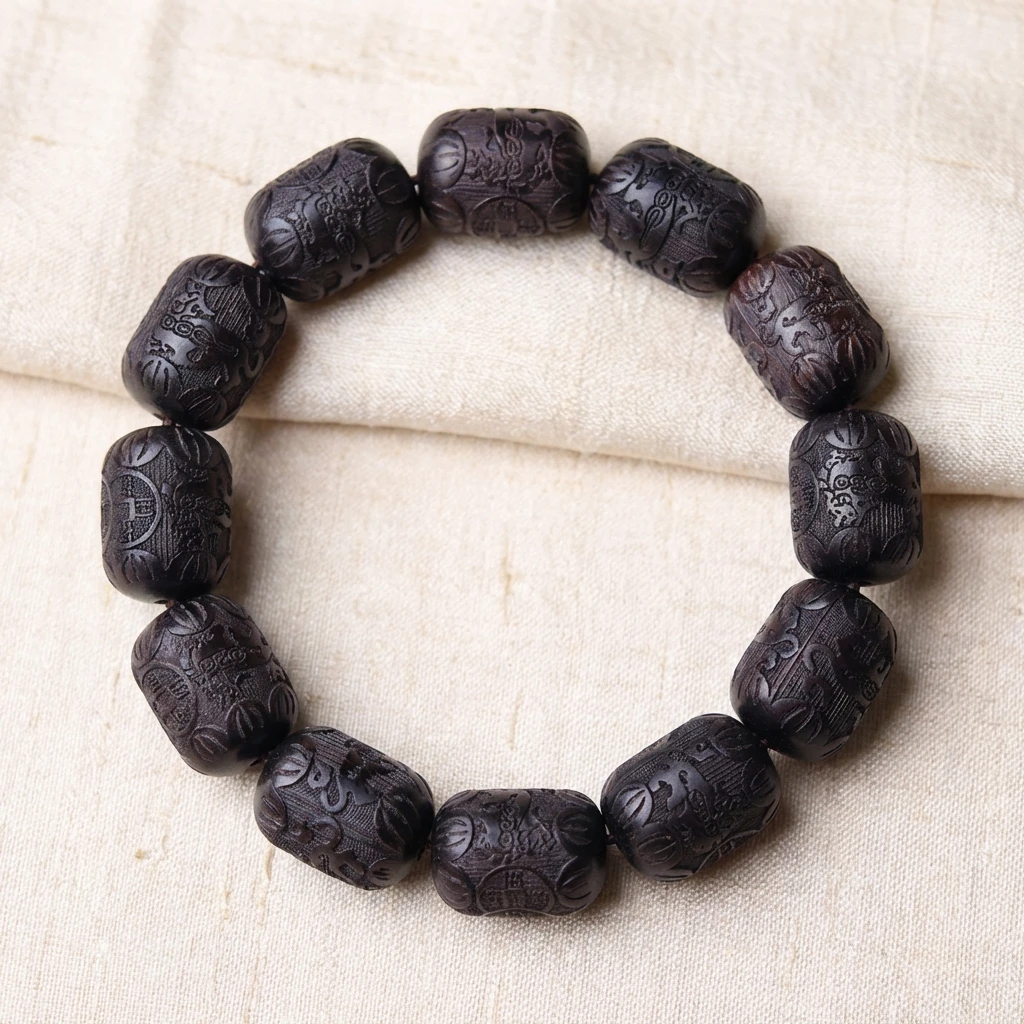 Natural Ebony Wood Bracelet 11x12mm Hand-Carved Buddhist Prayer Beads with Six-Syllable Mantra, Zen Meditation Yoga Bracelet for Men and Women, Spiritual Healing Jewelry Gift for Protection - Image 6