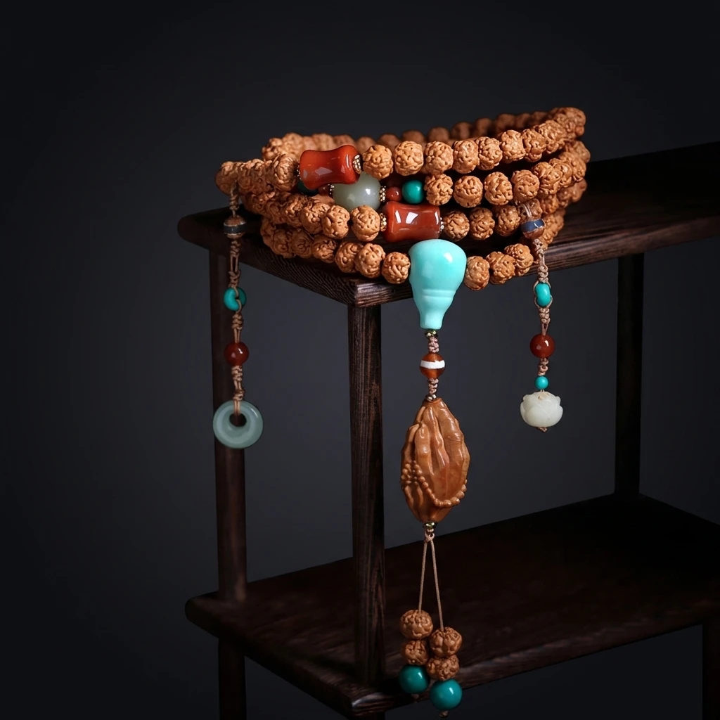 Handmade Nepal Rudraksha Bodhi Seed Bracelet for Men Women - 9mm Multi-Wrap Mala Necklace with South Red Agate, Magnesite Turquoise & Olive Pit - Tibetan Buddhist Prayer Beads for Meditation - Image 6