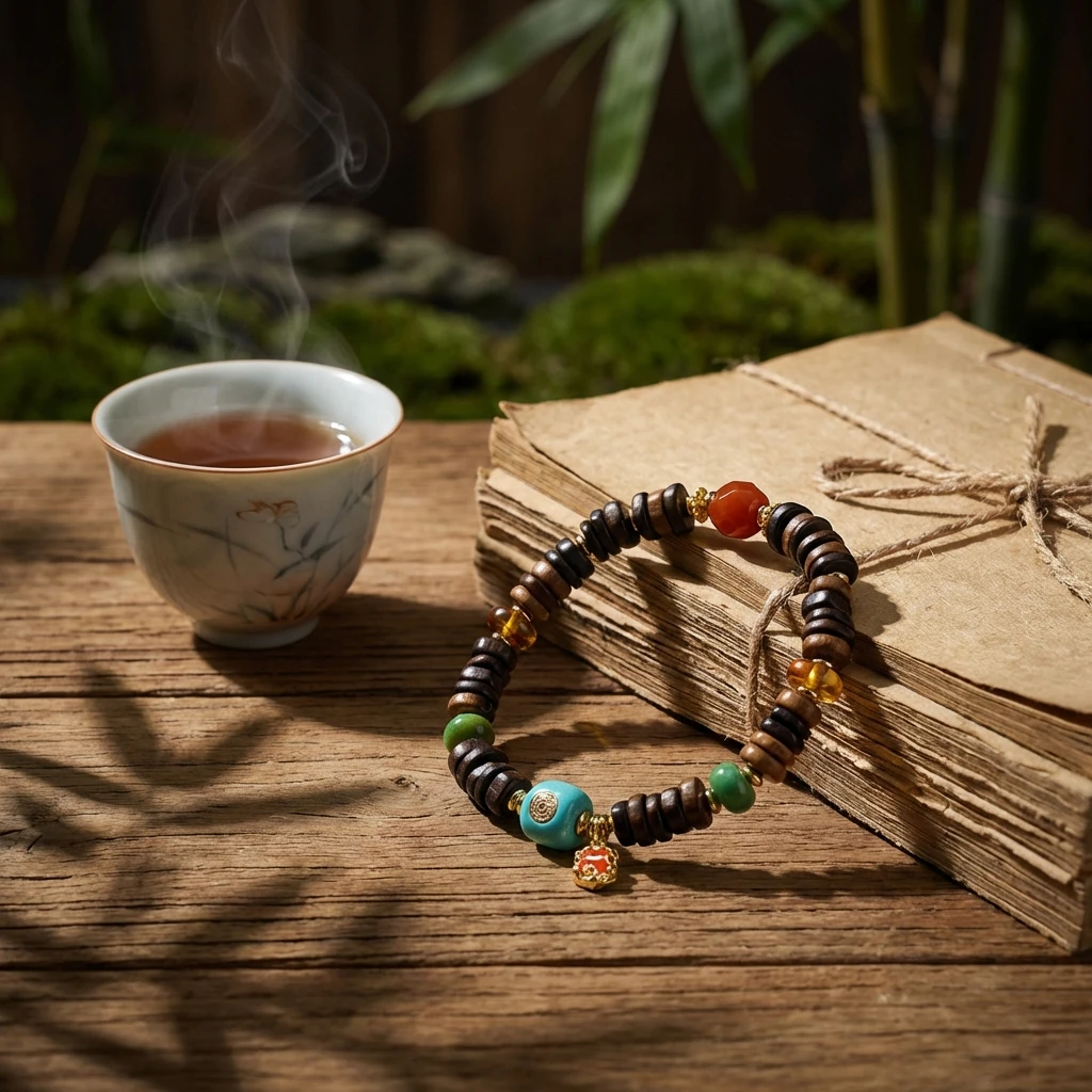 Natural Dalagan Agarwood Bracelet for Men Women, 7mm Vietnam Oud Wood Prayer Beads, Tibetan Style Buddhist Mala Bracelet with Turquoise & Cinnabar Accents, Handmade Spiritual Meditation Jewelry - Image 2